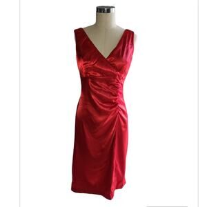 NWT Vintage 90s Blondie Nites Linda Bernell Red Satin Ruched Sheath Dress Size 8